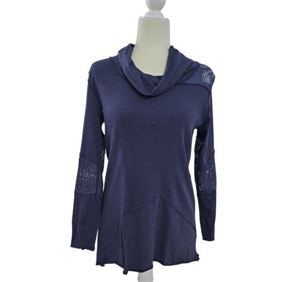 RXB Women's Patchwork Raw Seems Cowl Neck Lace Insert Midnight Blue Top Sz L - Picture 3 of 7